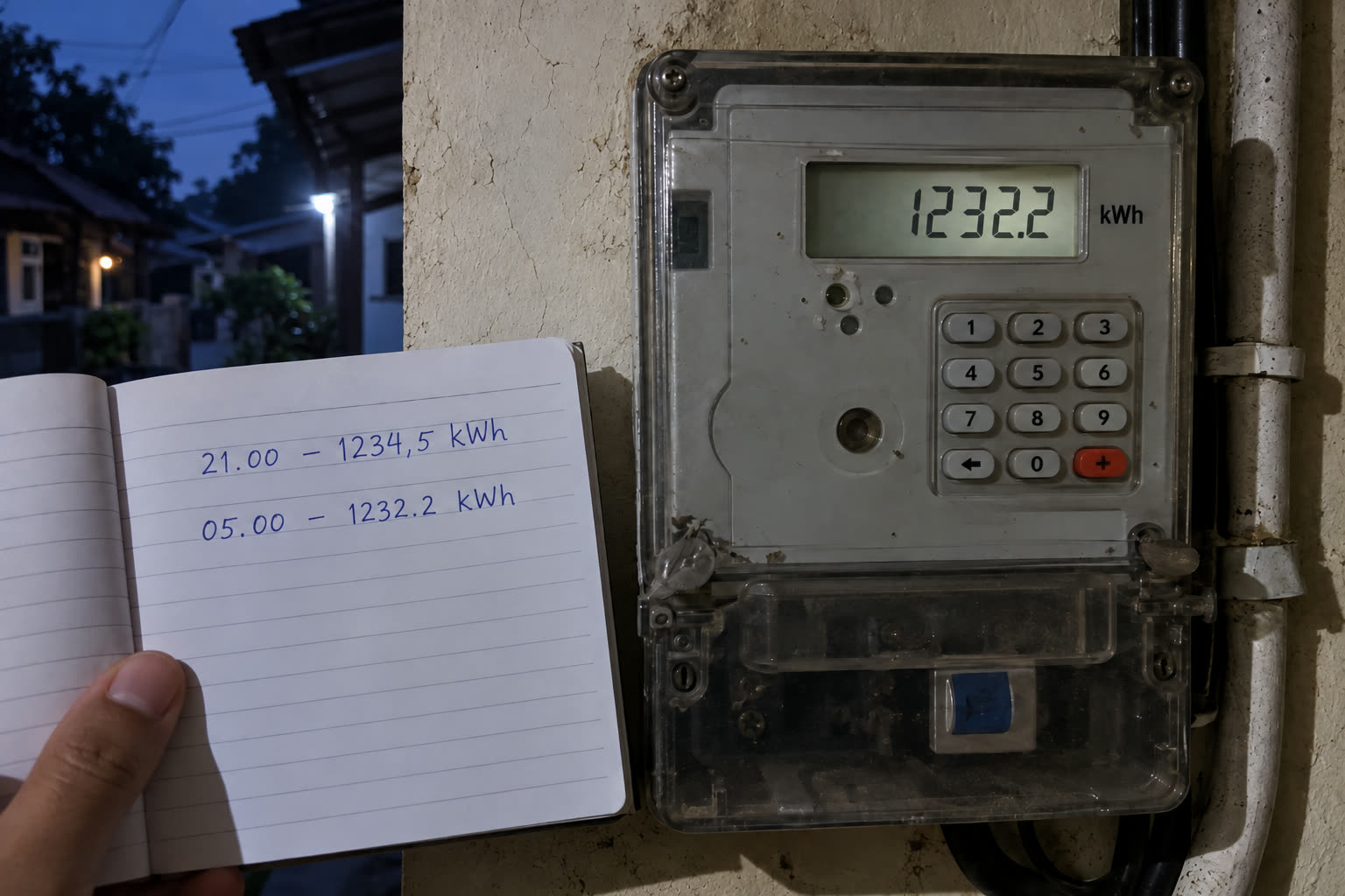 Jam 05.00 setelah AC mati, sisa kWh turun menjadi 1232,2. Karena meteran token menampilkan sisa, selisih dengan catatan jam 21.00 berarti rumah memakai 2,3 kWh semalam.