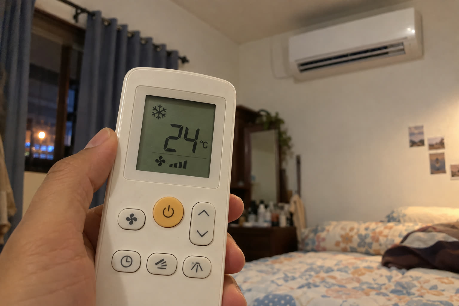 Tujuh malam pertama: remote di 24°C, mode dingin, kecepatan kipas diatur sekali lalu dibiarkan.