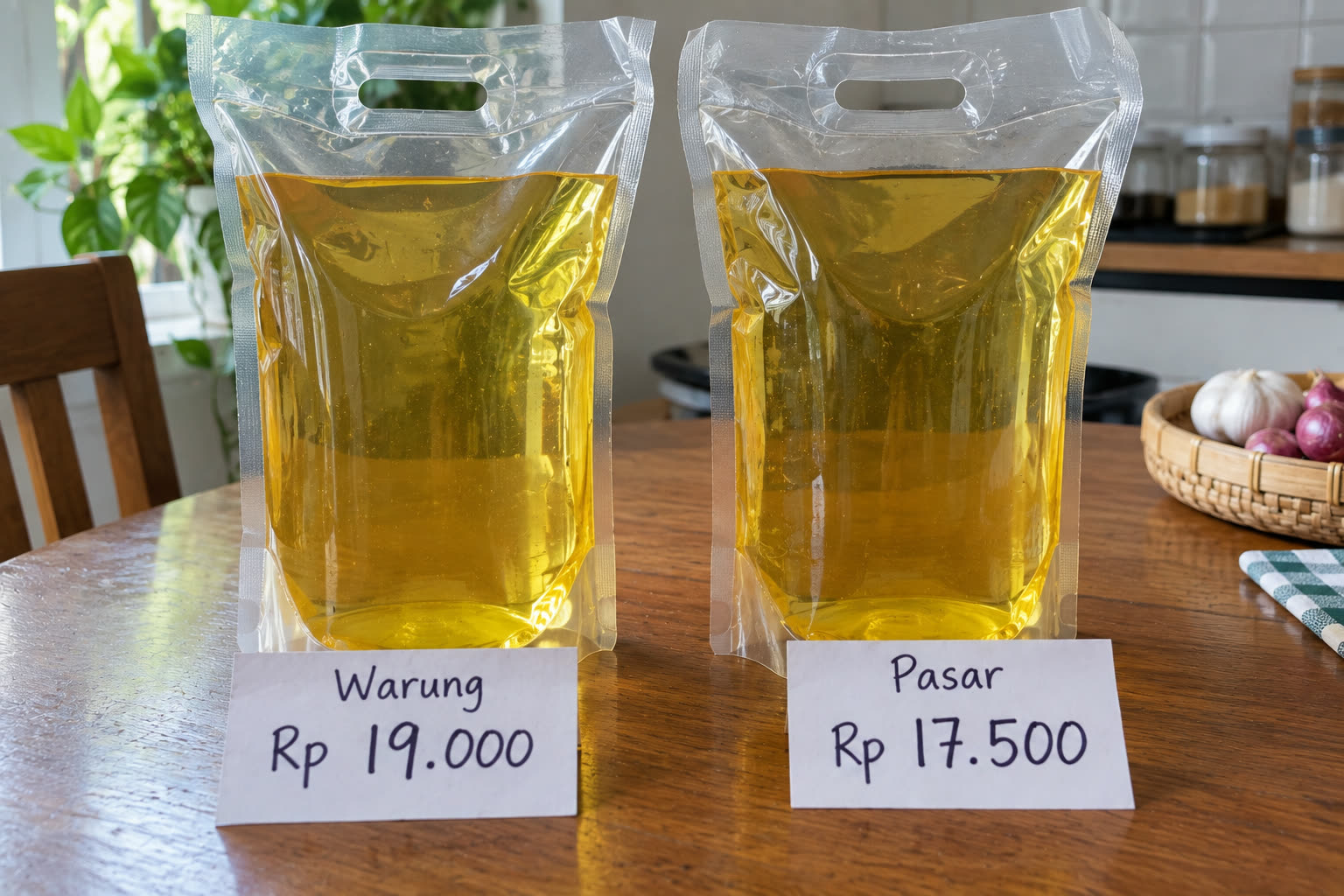 Minyak goreng kemasan 1 liter yang sama dibeli di dua tempat: Rp19.000 di warung dan Rp17.500 di pasar.
