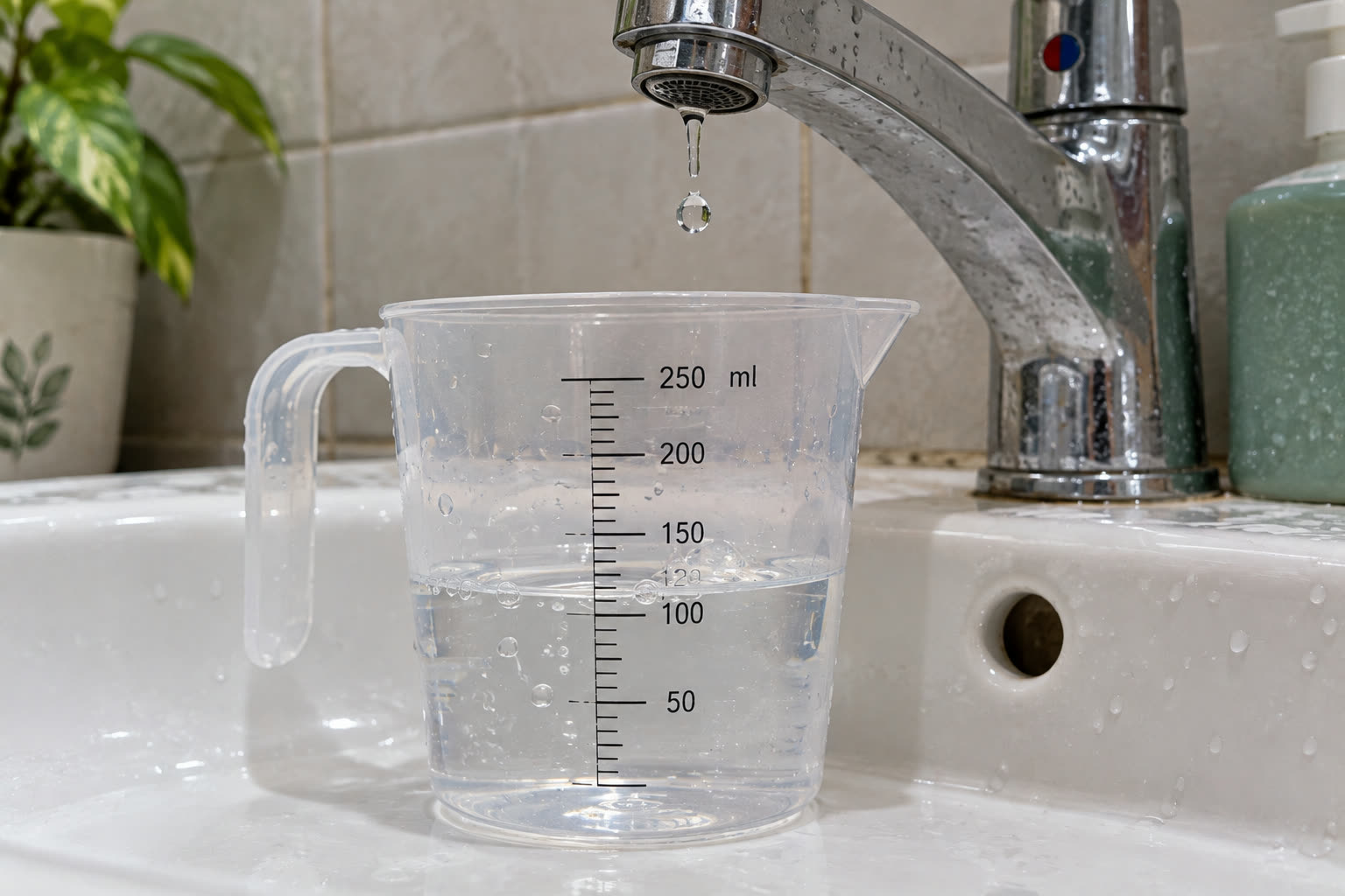 Gelas takar di bawah keran wastafel yang menetes. Setelah 10 menit, tetesan yang kelihatan remeh ini sudah mengisi sekitar 115 ml.