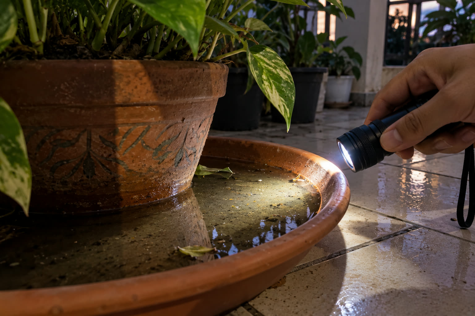 Menyorot senter ke tatakan pot di teras. Air di tatakan yang terlindung daun dan jarang dibuang adalah tempat bertelur favorit nyamuk Aedes, dan sering luput karena tidak terlihat seperti genangan.