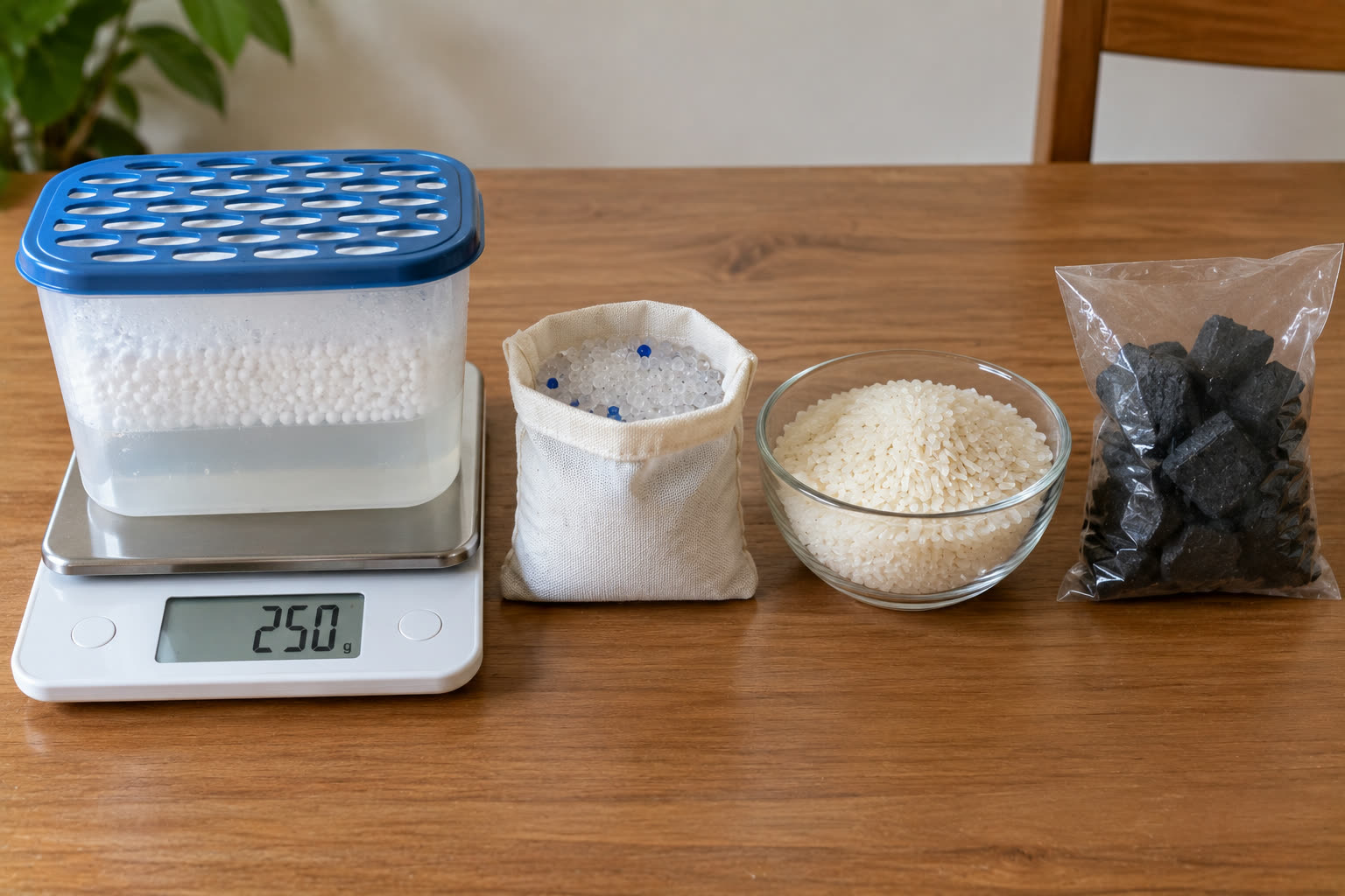 Empat penyerap yang dibandingkan: kotak kalsium klorida di atas timbangan dapur (250 gram), kantong silica gel, semangkuk beras, dan sekantong arang. Semuanya ditimbang di awal percobaan beserta wadahnya.