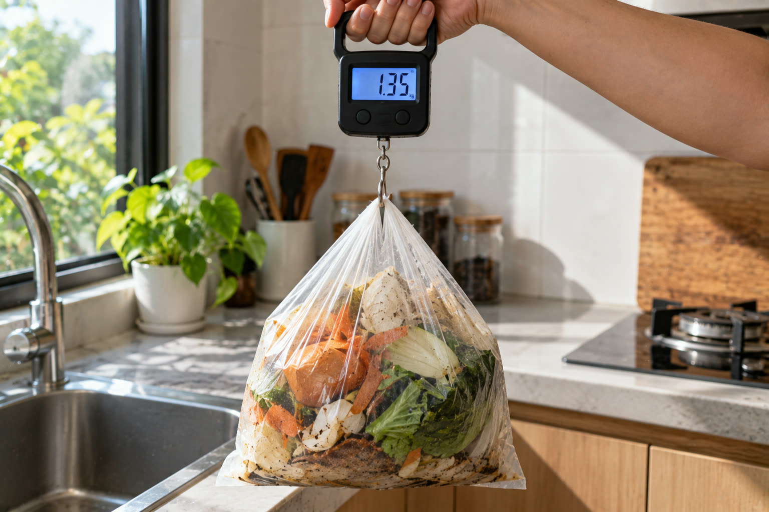 Kantong sampah organik satu hari ditimbang dengan timbangan gantung digital: 1,35 kg. Sisa makanan berkuah sudah ditiriskan dulu supaya berat air tidak ikut terhitung.